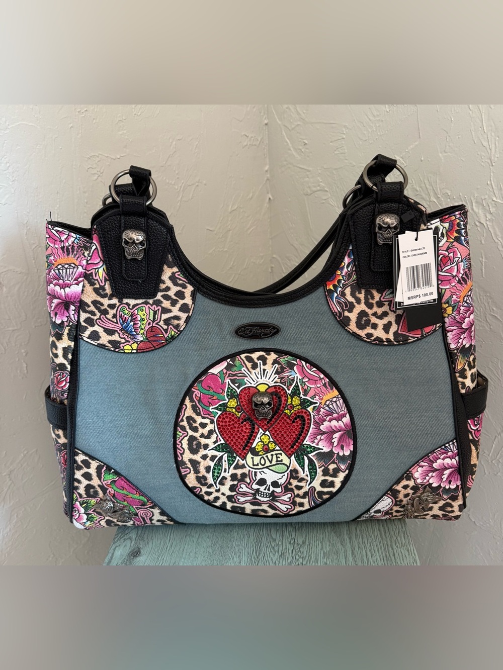 NWT ED HARDY Wilma Skull Rose Cheetah Tote Bag Y2K Tattoo Art Leopard Denim RARE